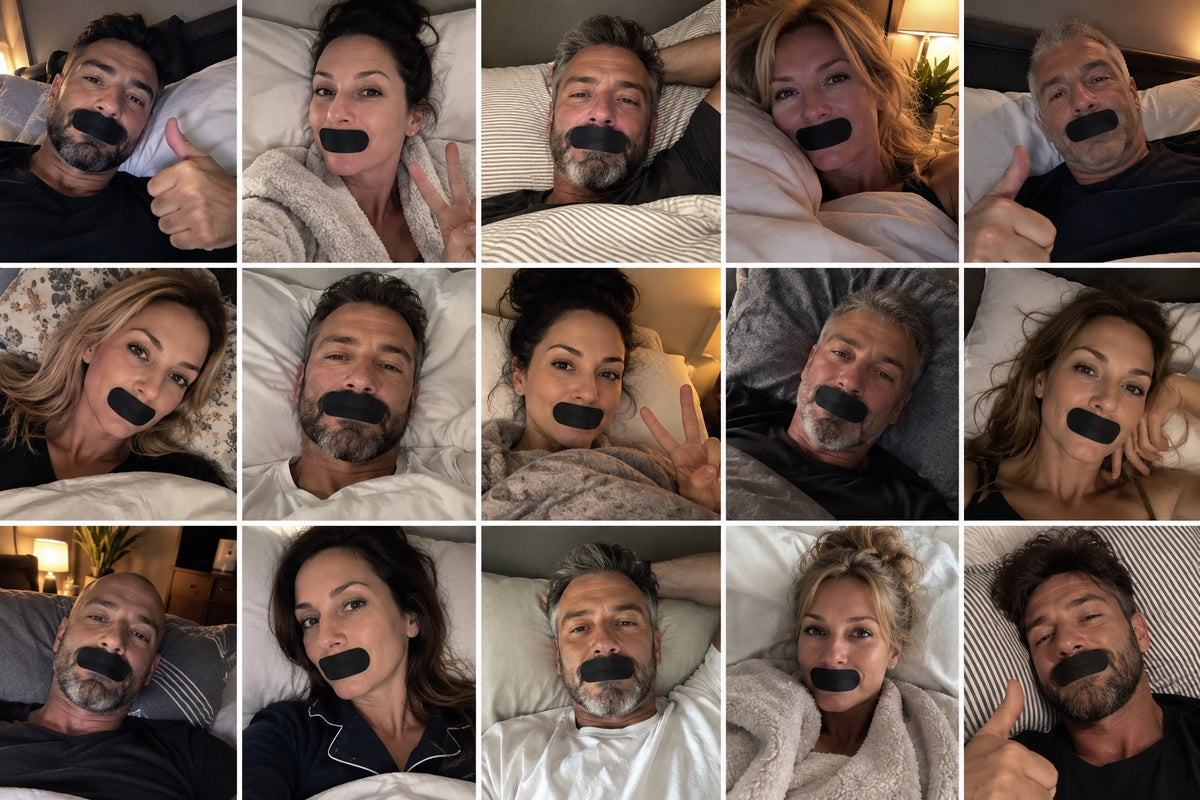 Bedtime portrait with black mouth tape